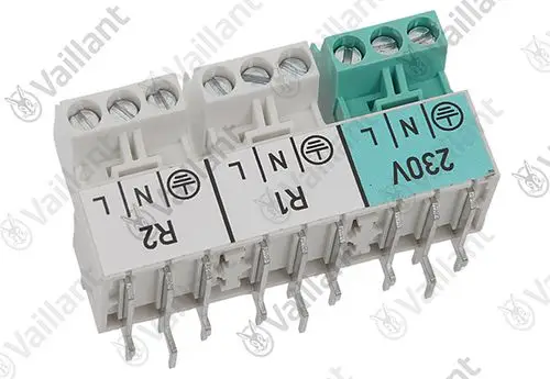 Vaillant Steckverbinder-Set mit mehreren Anschlüssen, in einer Kombination aus weißem und grünem Kunststoff, zur elektrischen Verbindung in Heizsystemen.